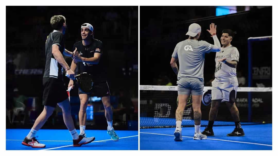Juan Lebrón en Franco Stupaczuk vieren een punt tijdens de Premier Padel P2 in Cancún, naast Tolito Aguirre en Gonzalo Alfonso
