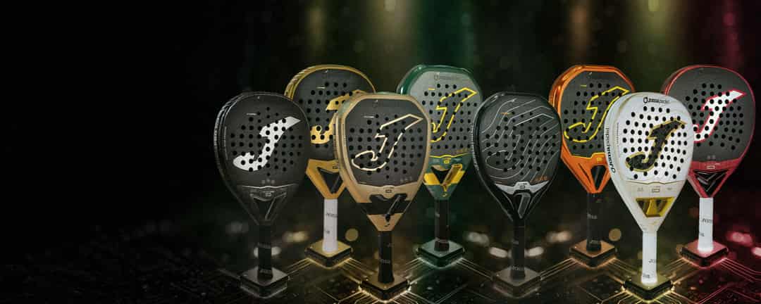 De complete Joma padel racketcollectie 2026 met zeven modellen uit de Blast, Hyper, Valkiria en Iconic families