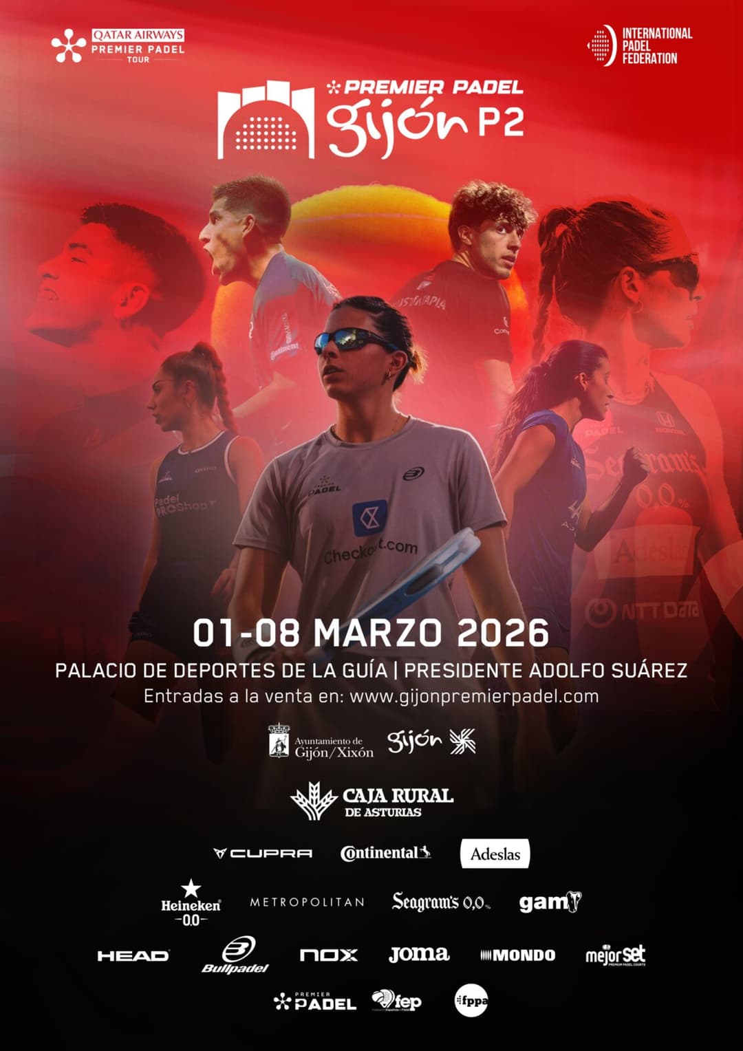 Premier Padel Gijón P2 2026 tournament poster featuring Tapia and Coello